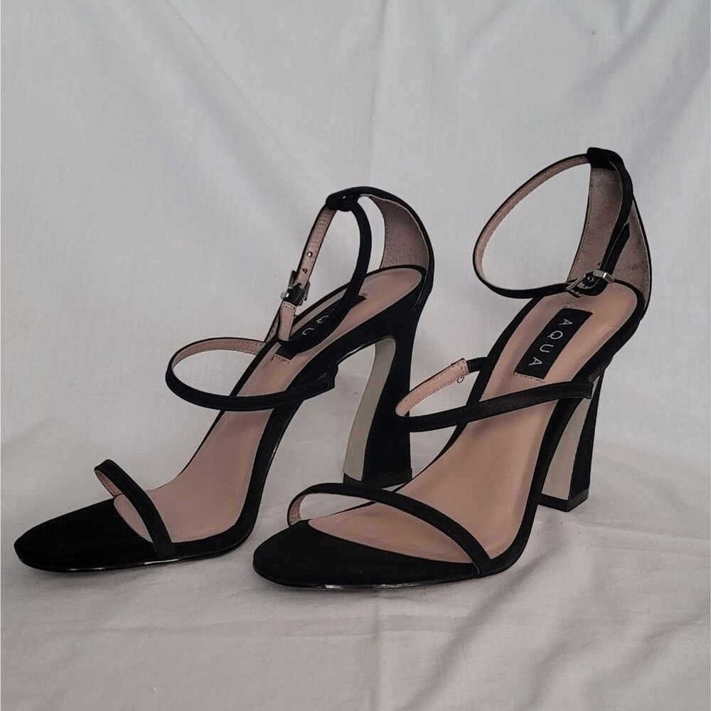 Aqua Jenni Black Strappy Flared Heels Ankle Strap Sz 8.5 Elegant Dressy Evening